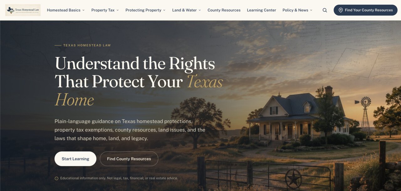 Homepage of Texas Homestead Law, built by Results Ranch